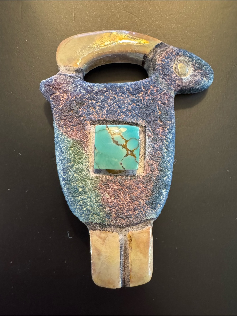 Vintage Southwestern Ceramic Brooch Turquoise Cabochon - Wearable Art Pin